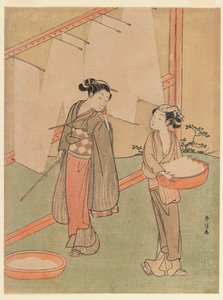 Young girl and servant drying Japanese fine noodles by Suzuki Harunobu